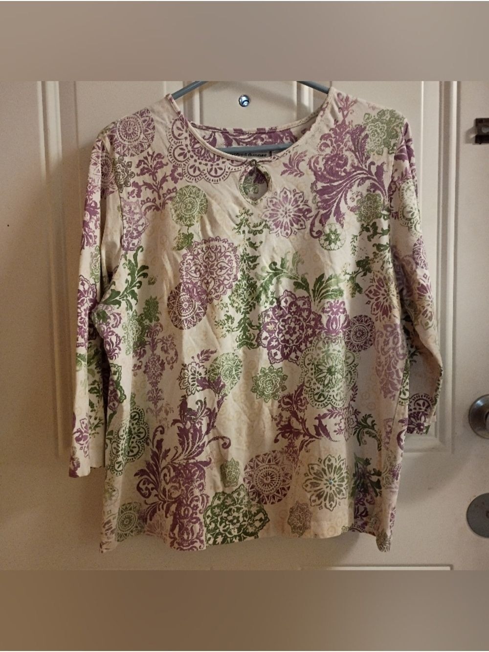 2/$10 Vintage Alfred Dunner Women's Cream Floral Print 3/4 Sleeve Top Medium